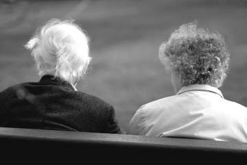 older couple on bench, seen from behind